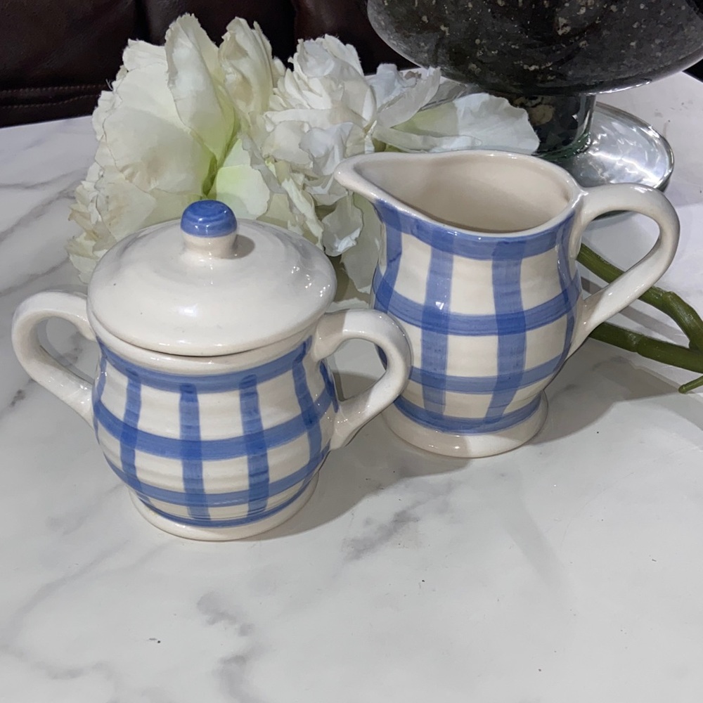 Country Living Dry Goods Blue and White Checkered Ceramic Creamer and Sugar